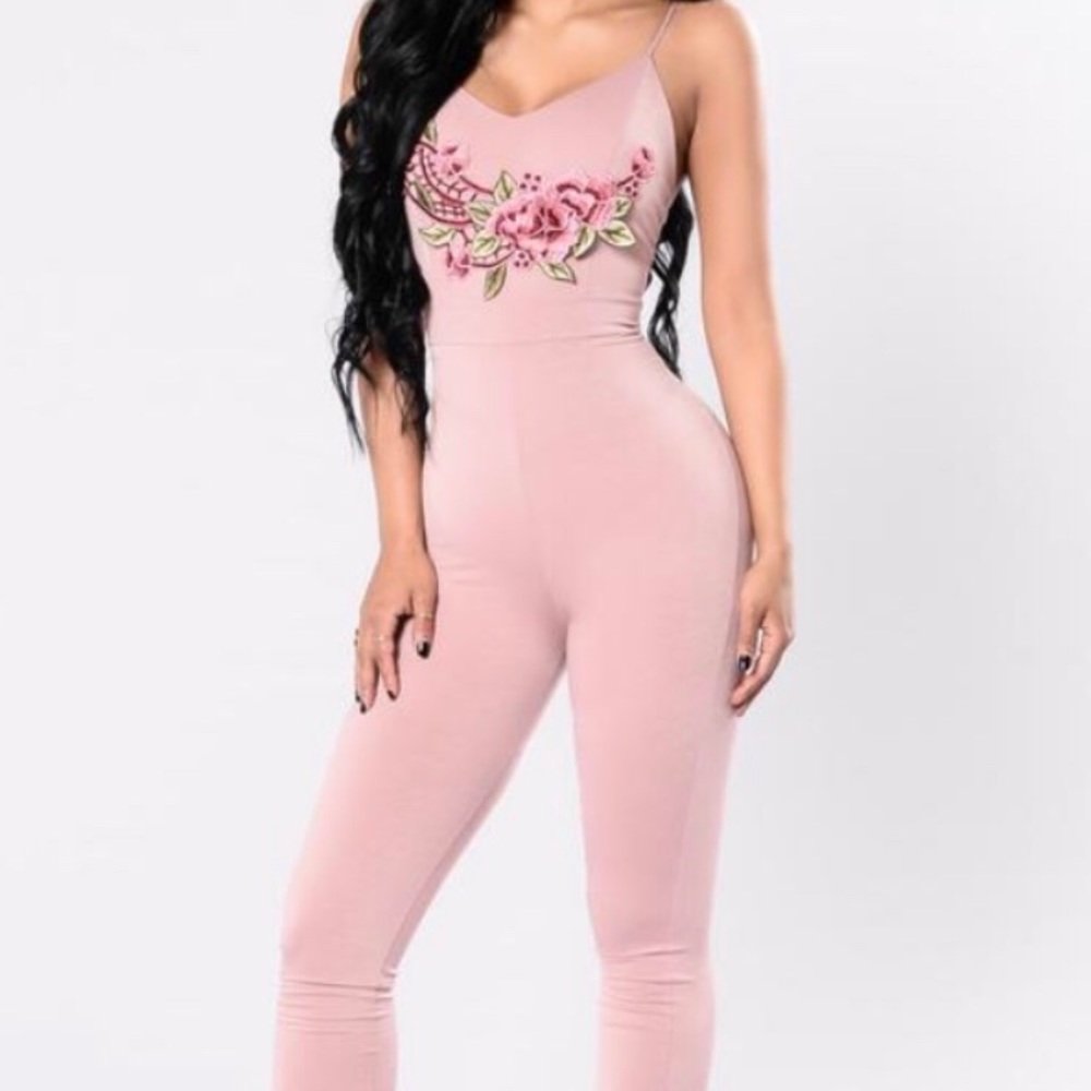 Blush Pink Floral Appliqué Fashion Nova Jumpsuit